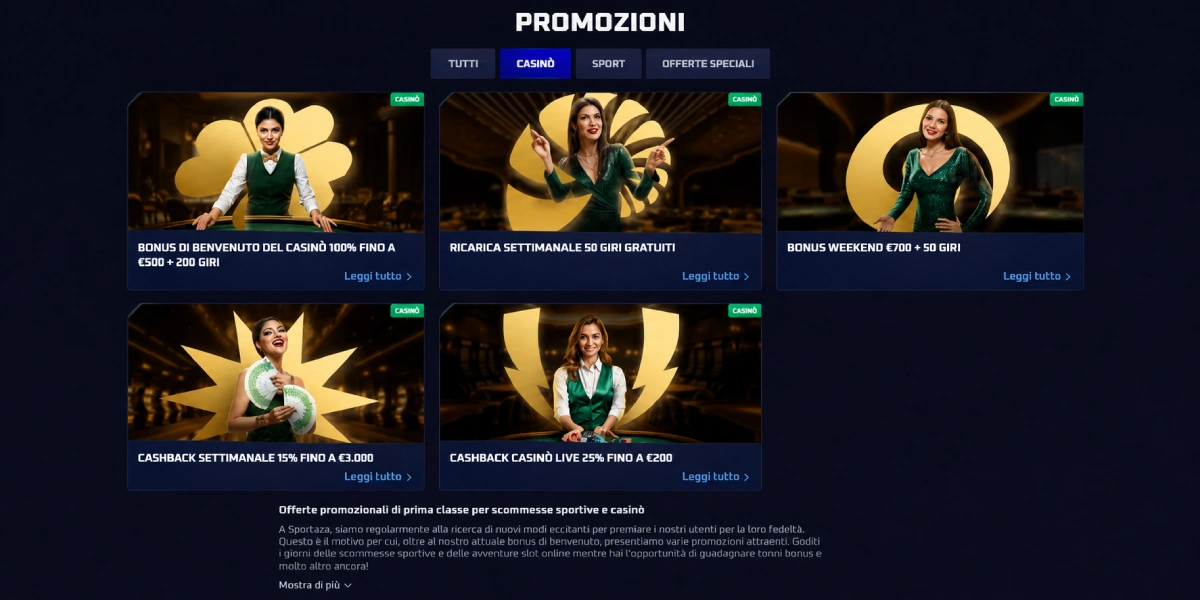 Promozioni e bonus casino su Sportaza: bonus di benvenuto e cashback